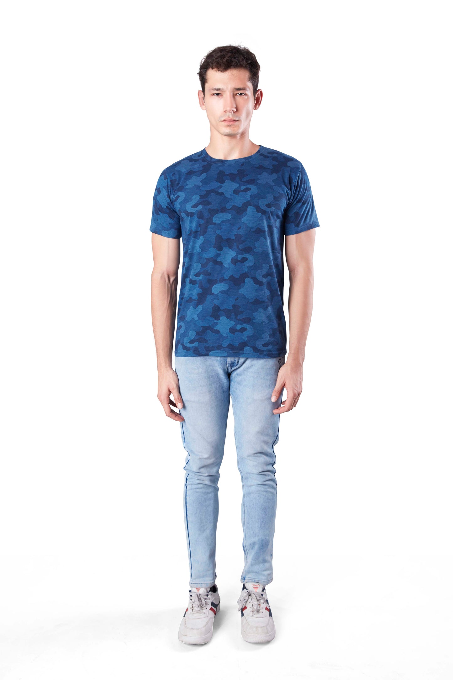 Wild Camo Men Military Camouflage Round Neck Cotton Blend Blue T-Shirt