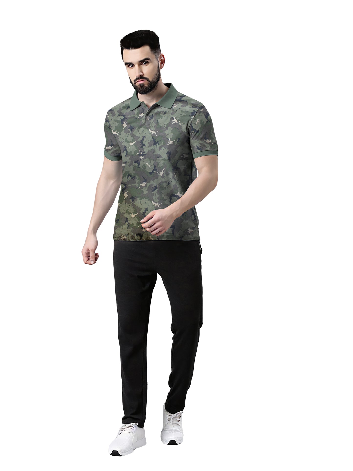 Wild Camo Men Military Camouflage Polo Neck Pure Cotton Green T-Shirt