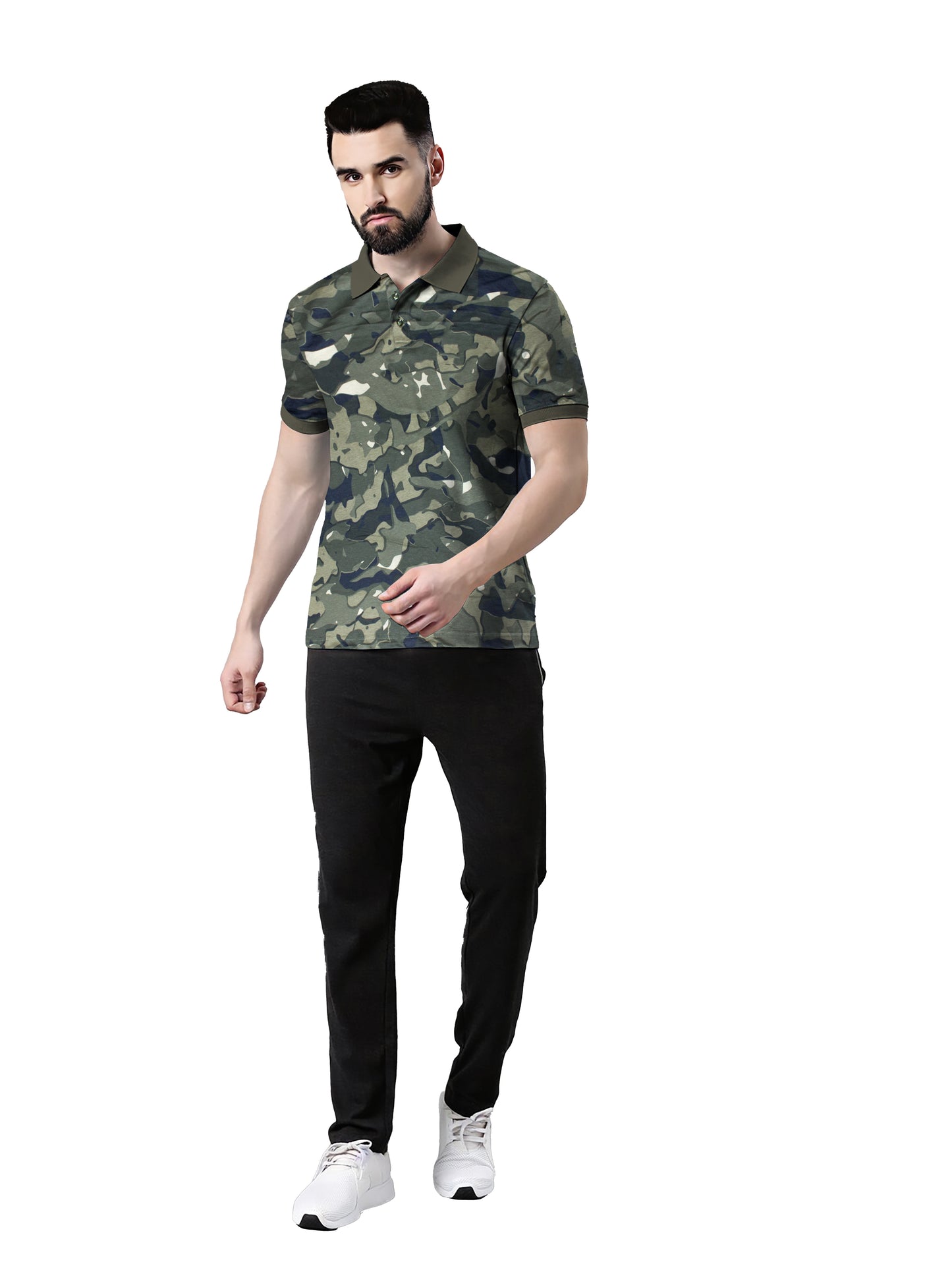 Wild Camo Men Military Camouflage Polo Neck Pure Cotton Dark Green T-Shirt
