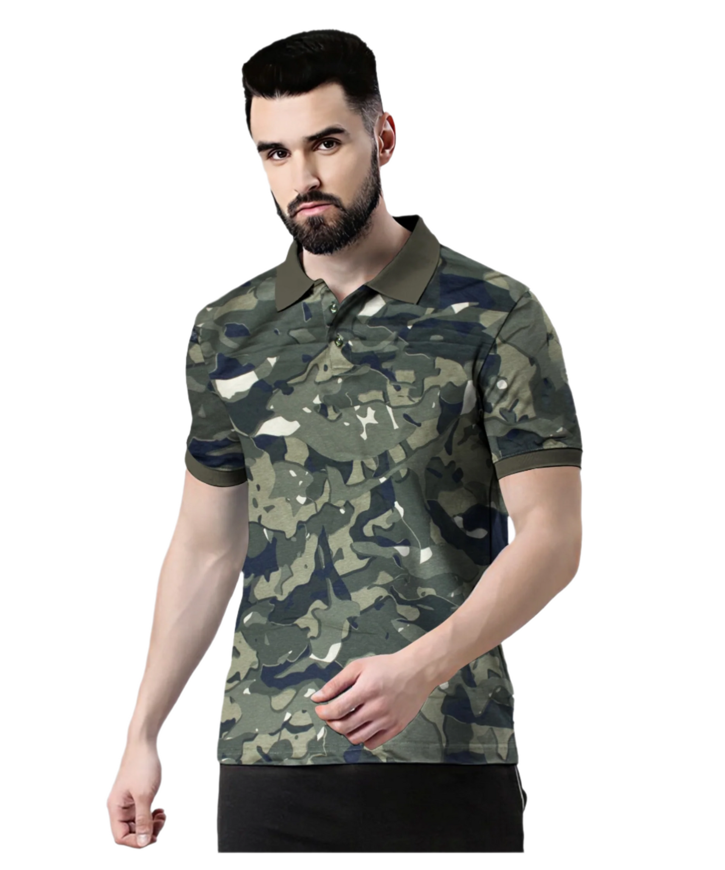 Wild Camo Men Military Camouflage Polo Neck Pure Cotton Dark Green T-Shirt