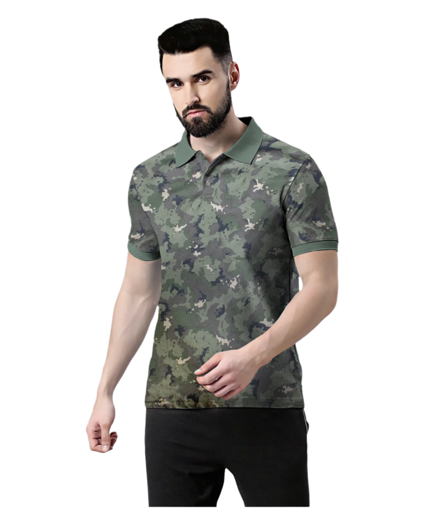 Wild Camo Men Military Camouflage Polo Neck Pure Cotton Green T-Shirt