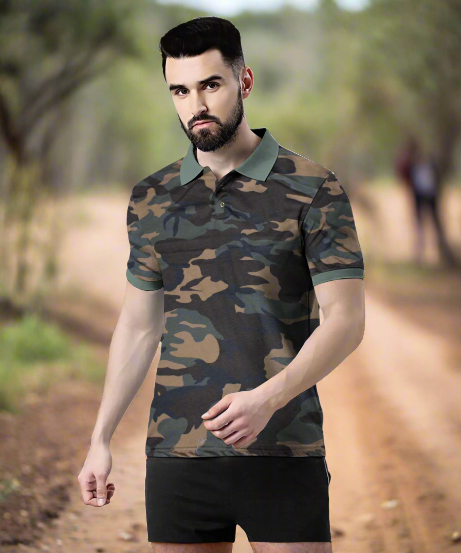 Wild Camo Men Military Camouflage Polo Neck Pure Cotton Brown T-Shirt
