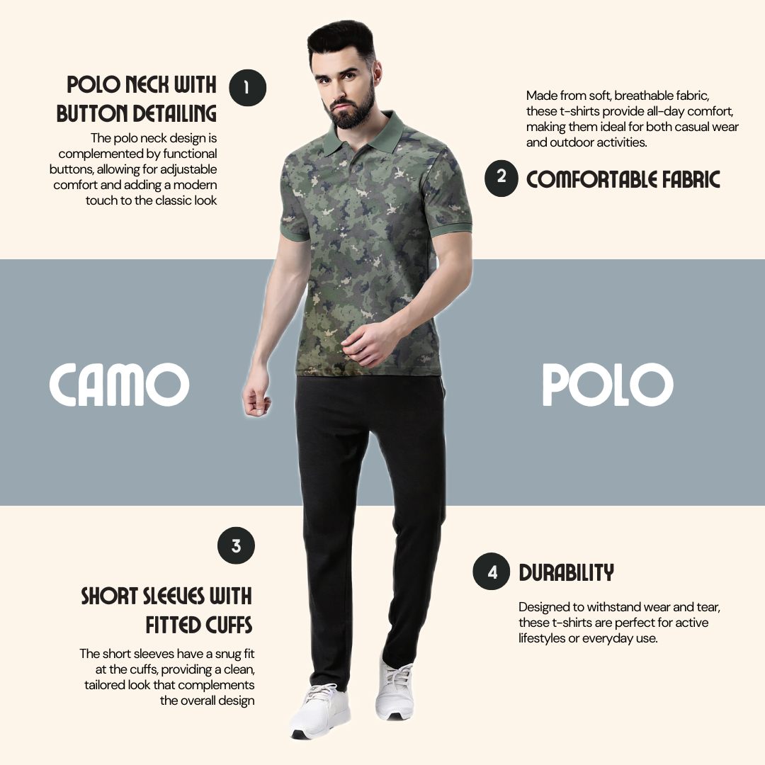 Wild Camo Men Military Camouflage Polo Neck Pure Cotton Green T-Shirt