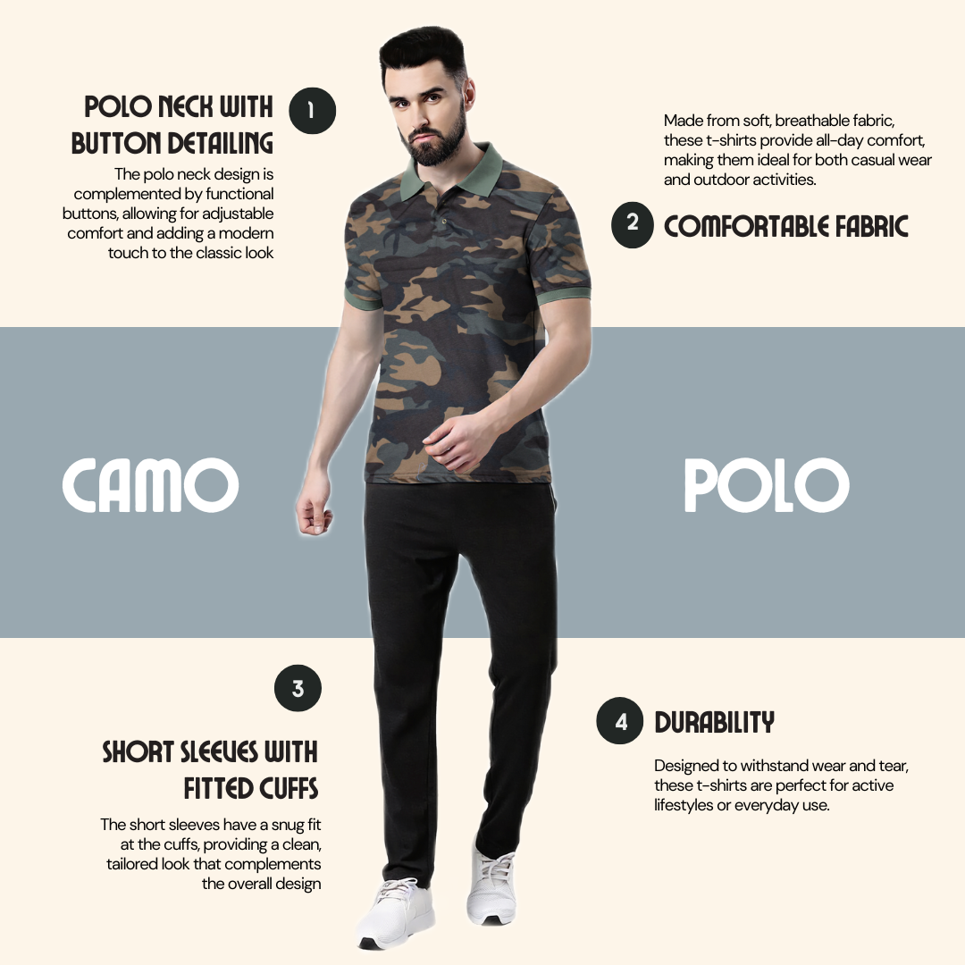 Wild Camo Men Military Camouflage Polo Neck Pure Cotton Brown T-Shirt
