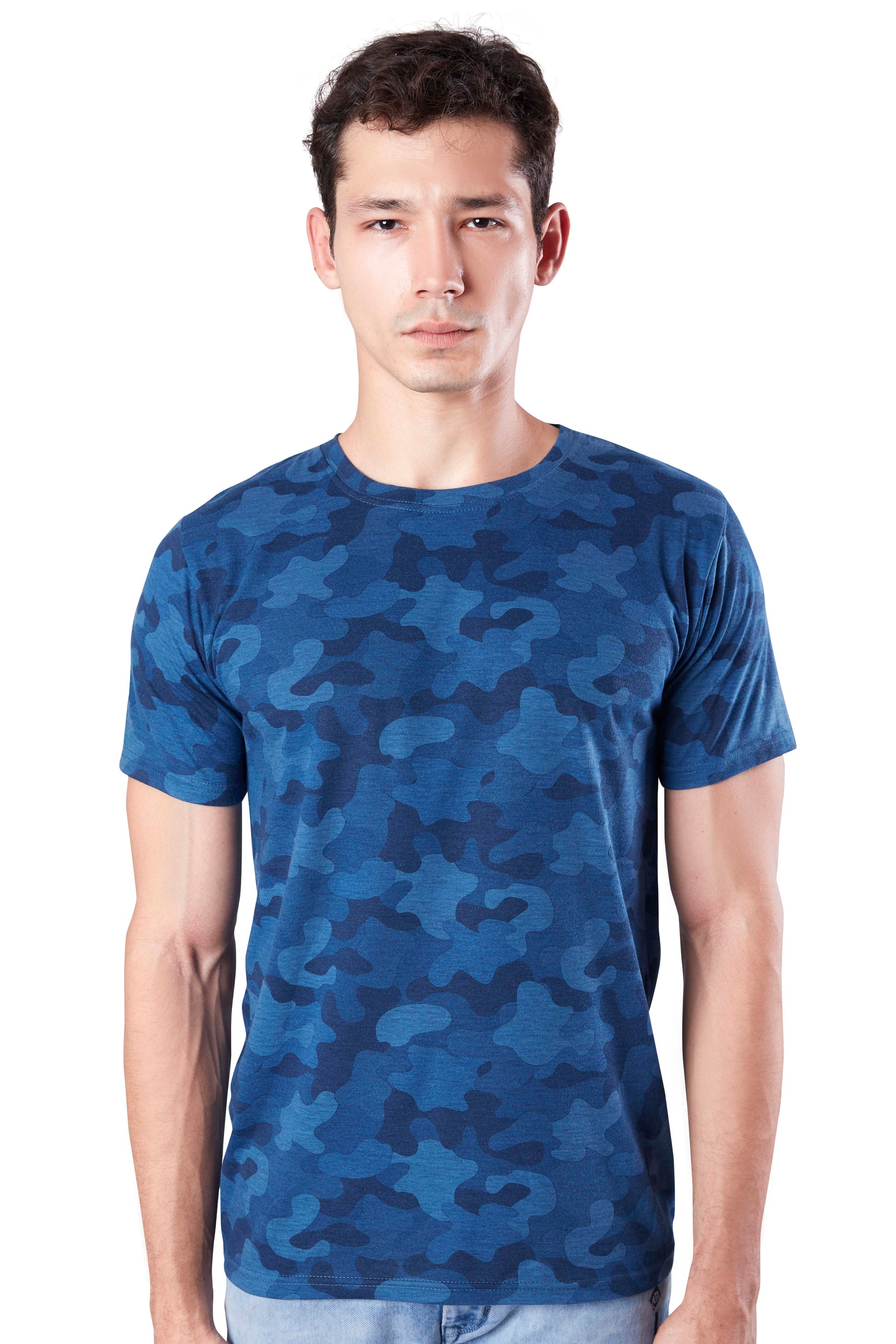 Wild Camo Men Military Camouflage Round Neck Cotton Blend Blue T-Shirt