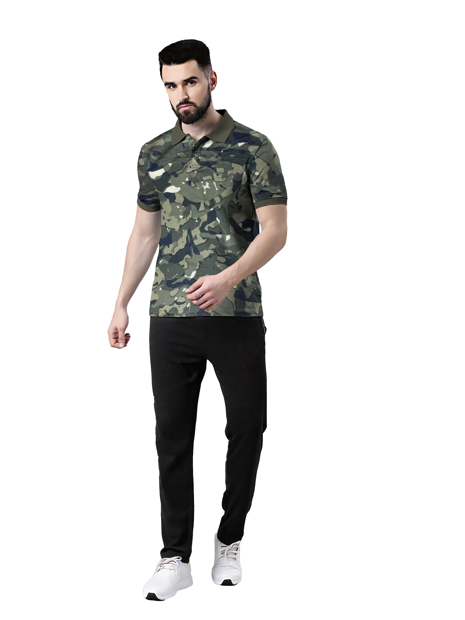 Wild Camo Men Military Camouflage Polo Neck Pure Cotton Dark Green T-Shirt