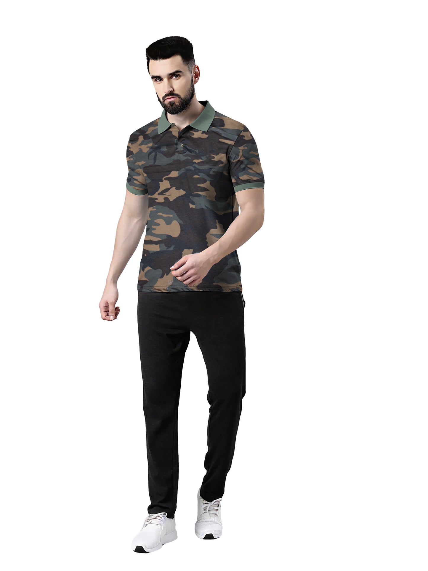 Wild Camo Men Military Camouflage Polo Neck Pure Cotton Brown T-Shirt