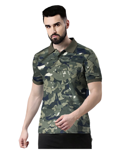 Wild Camo Men Military Camouflage Polo Neck Pure Cotton Dark Green T-Shirt