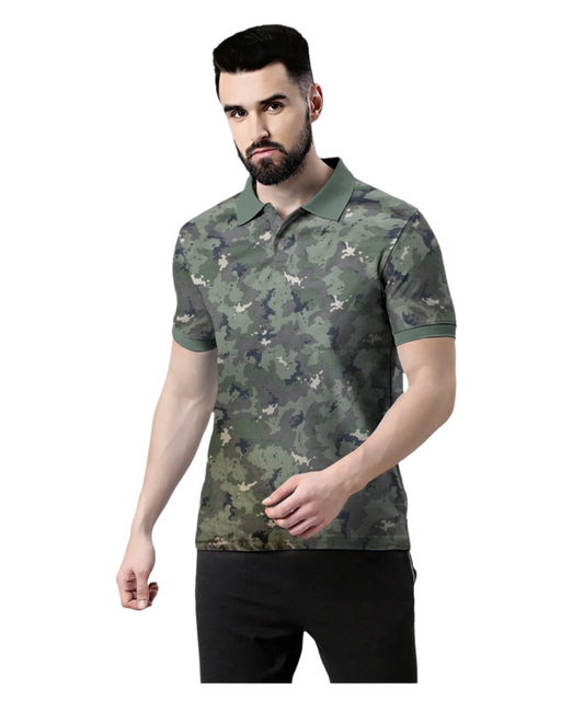Wild Camo Men Military Camouflage Polo Neck Pure Cotton Green T-Shirt