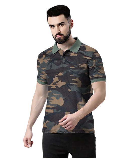Wild Camo Men Military Camouflage Polo Neck Pure Cotton Brown T-Shirt