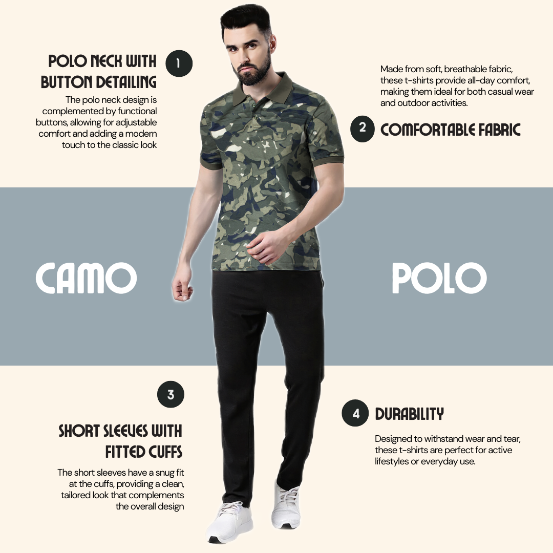 Wild Camo Men Military Camouflage Polo Neck Pure Cotton Dark Green T-Shirt